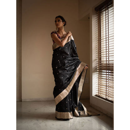 PRIYANKA RAAJIV Sree Black Silk Brocade Saree with Unstitched Blouse