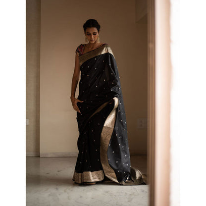 PRIYANKA RAAJIV Sree Black Silk Brocade Saree with Unstitched Blouse