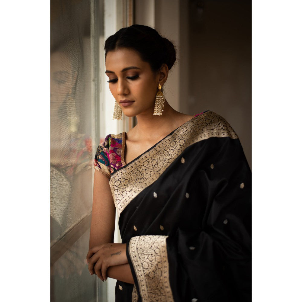 PRIYANKA RAAJIV Sree Black Silk Brocade Saree with Unstitched Blouse
