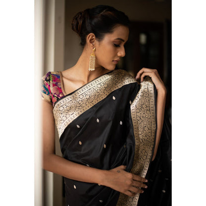 PRIYANKA RAAJIV Sree Black Silk Brocade Saree with Unstitched Blouse