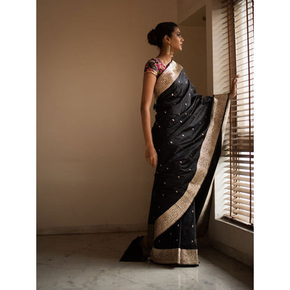 PRIYANKA RAAJIV Sree Black Silk Brocade Saree with Unstitched Blouse