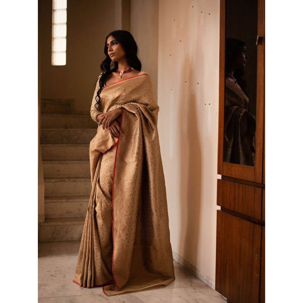 PRIYANKA RAAJIV Sila Ivory Silk Brocade Saree with Unstitched Blouse