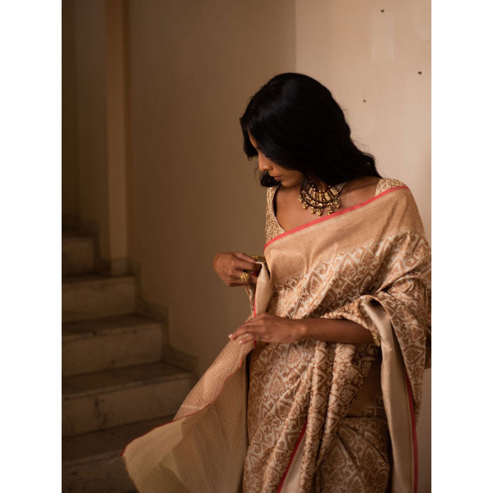 PRIYANKA RAAJIV Sila Ivory Silk Brocade Saree with Unstitched Blouse