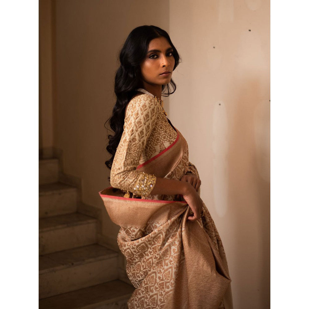 PRIYANKA RAAJIV Sila Ivory Silk Brocade Saree with Unstitched Blouse