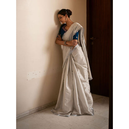 PRIYANKA RAAJIV Alisha Silver Silk Tissue Chanderi Saree with Unstitched Blouse