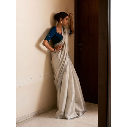 PRIYANKA RAAJIV Alisha Silver Silk Tissue Chanderi Saree with Unstitched Blouse