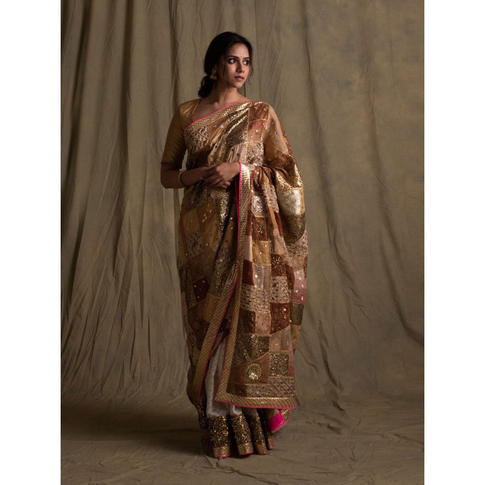 PRIYANKA RAAJIV Nyra Gold and Ivory Patchwork Saree with Unstitched Blouse