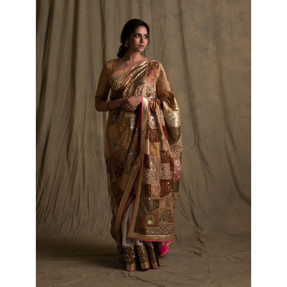 PRIYANKA RAAJIV Nyra Gold and Ivory Patchwork Saree with Unstitched Blouse