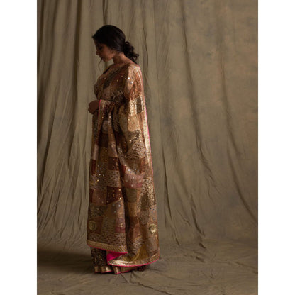 PRIYANKA RAAJIV Nyra Gold and Ivory Patchwork Saree with Unstitched Blouse