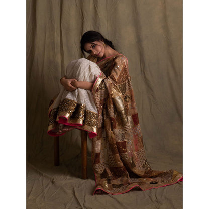 PRIYANKA RAAJIV Nyra Gold and Ivory Patchwork Saree with Unstitched Blouse