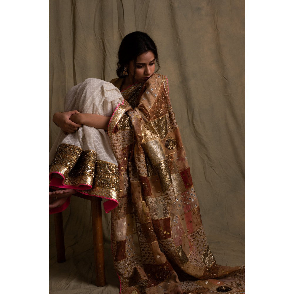 PRIYANKA RAAJIV Nyra Gold and Ivory Patchwork Saree with Unstitched Blouse