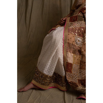 PRIYANKA RAAJIV Nyra Gold and Ivory Patchwork Saree with Unstitched Blouse