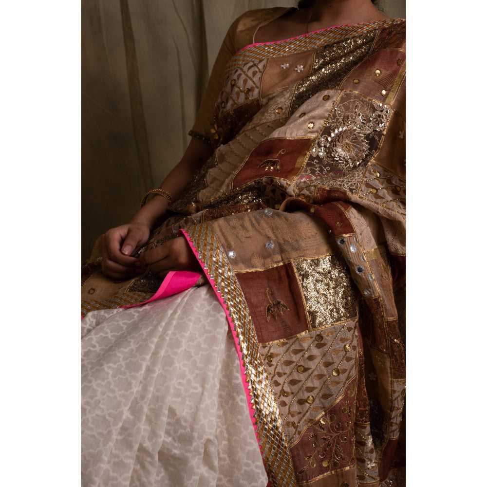 PRIYANKA RAAJIV Nyra Gold and Ivory Patchwork Saree with Unstitched Blouse