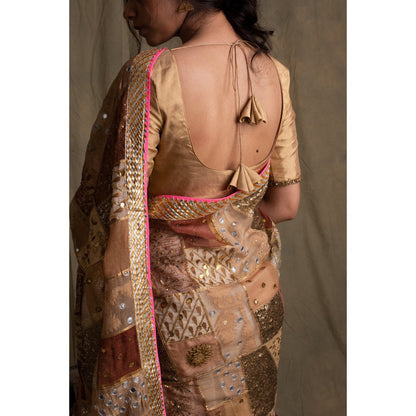 PRIYANKA RAAJIV Nyra Gold and Ivory Patchwork Saree with Unstitched Blouse