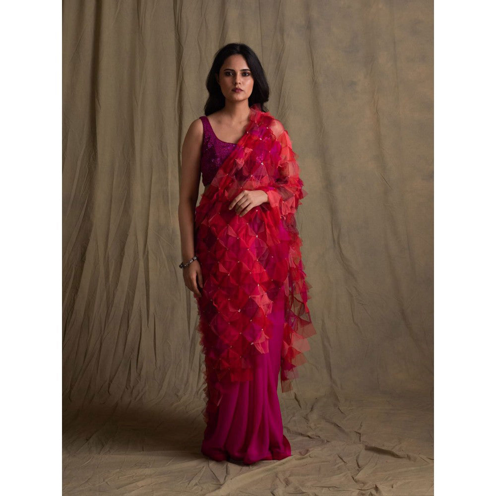 PRIYANKA RAAJIV Pihu Patchwork Saree with Tulle Palla with Unstitched Blouse