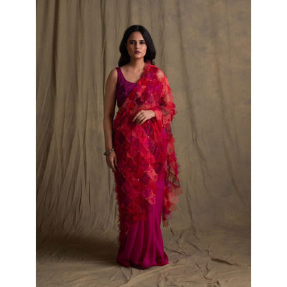 PRIYANKA RAAJIV Pihu Patchwork Saree with Tulle Palla with Unstitched Blouse