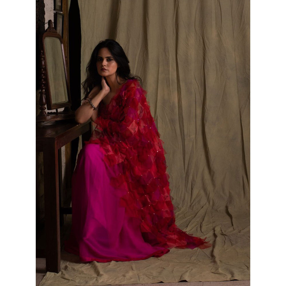 PRIYANKA RAAJIV Pihu Patchwork Saree with Tulle Palla with Unstitched Blouse