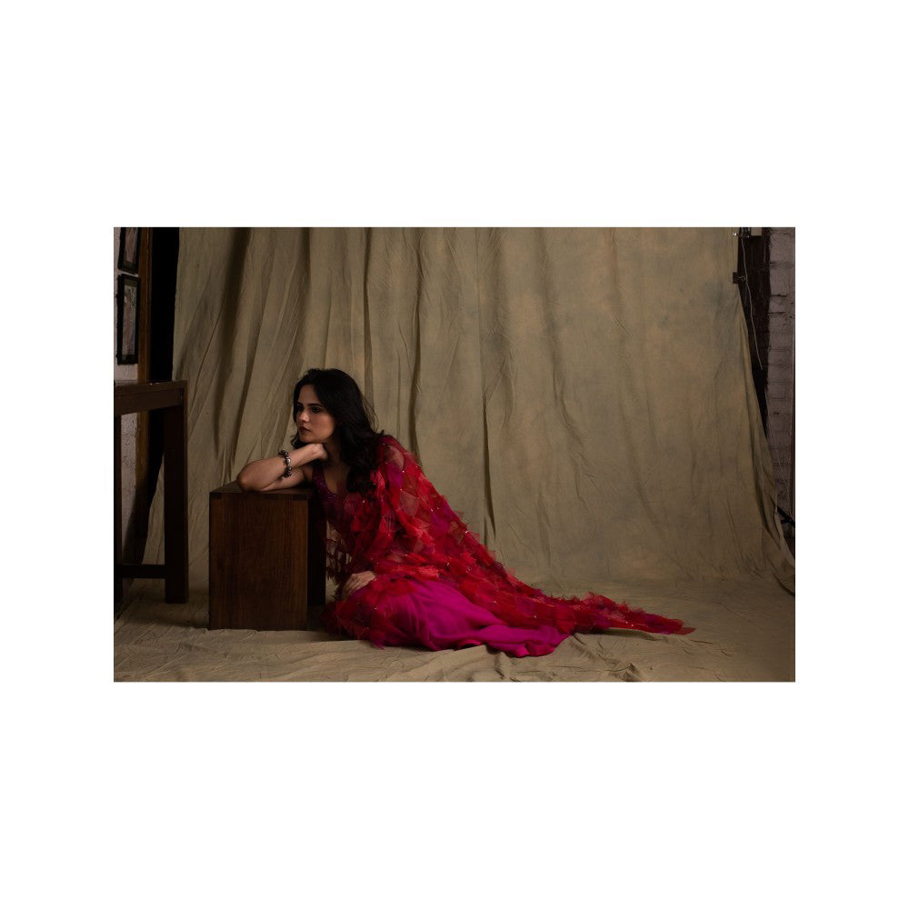 PRIYANKA RAAJIV Pihu Patchwork Saree with Tulle Palla with Unstitched Blouse