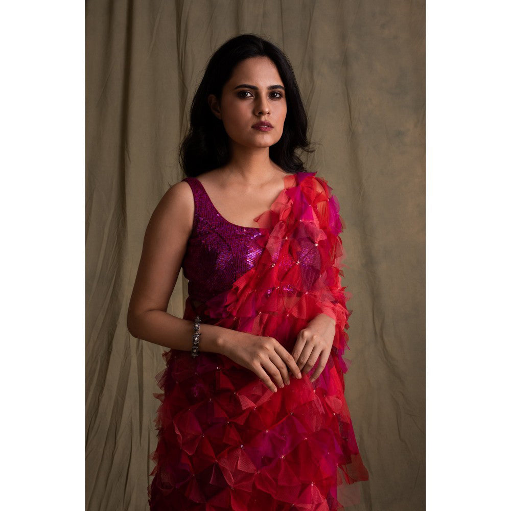 PRIYANKA RAAJIV Pihu Patchwork Saree with Tulle Palla with Unstitched Blouse