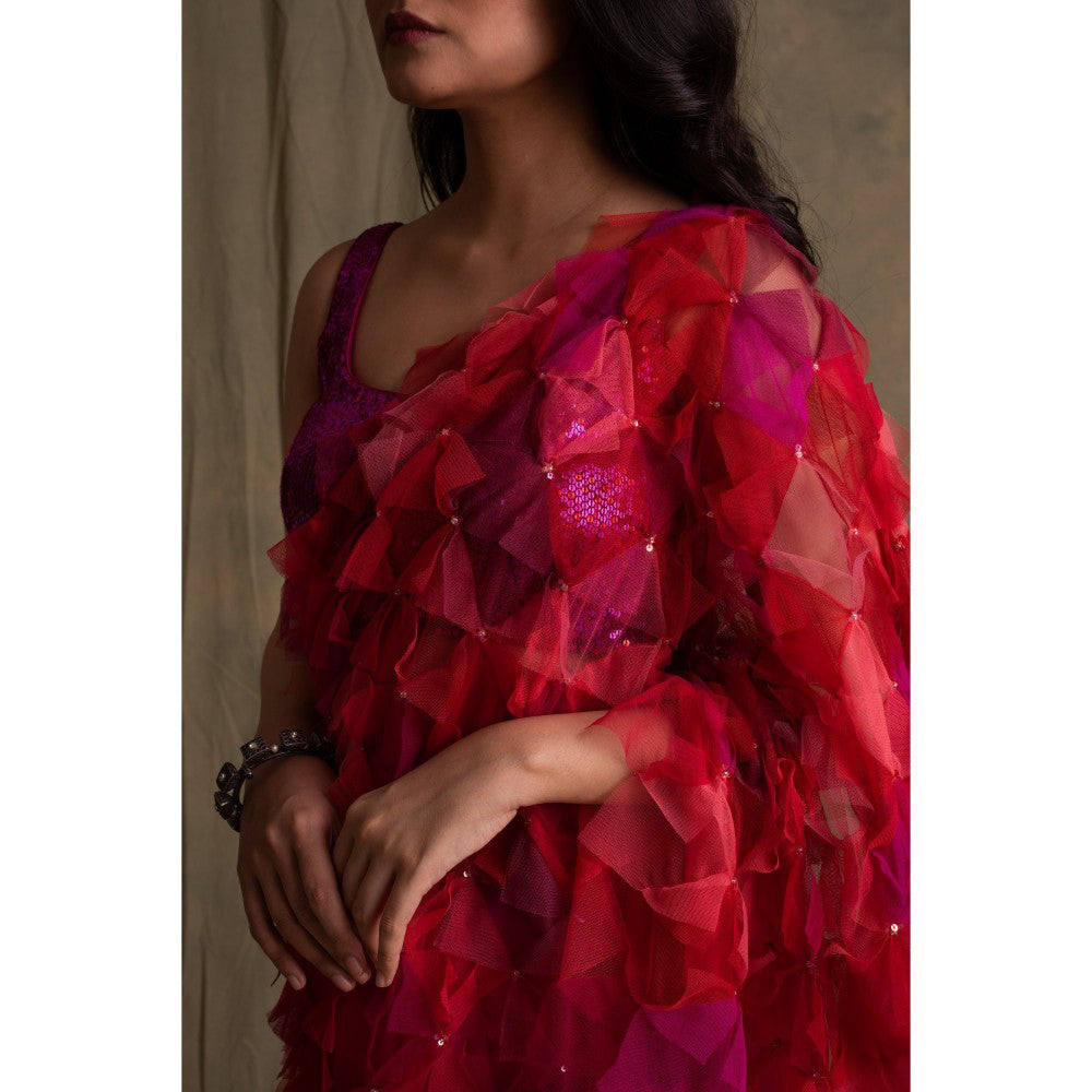 PRIYANKA RAAJIV Pihu Patchwork Saree with Tulle Palla with Unstitched Blouse