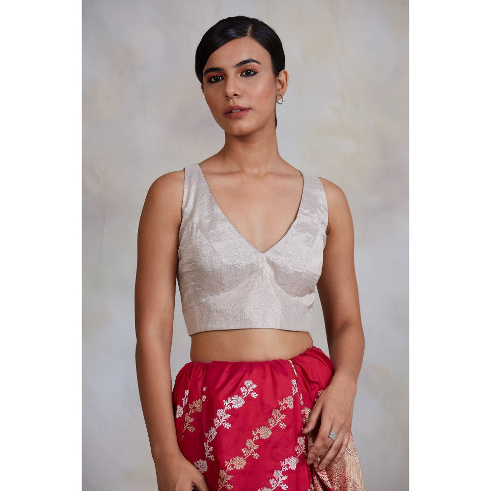 PRIYANKA RAAJIV Mrinal Silver Tissue Chanderi Blouse