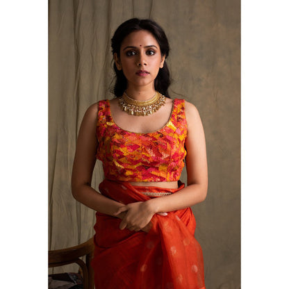 PRIYANKA RAAJIV Trikuta Coral and Red Patchwork Blouse
