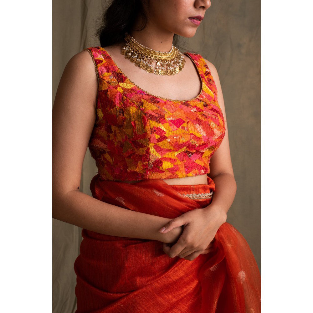 PRIYANKA RAAJIV Trikuta Coral and Red Patchwork Blouse