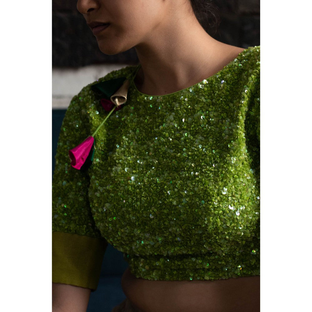 PRIYANKA RAAJIV Hiras Green Silk Crepe and Sequined Blouse