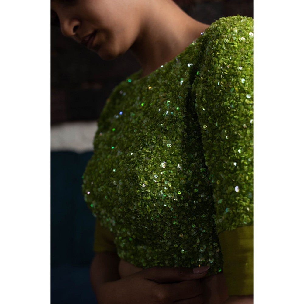 PRIYANKA RAAJIV Hiras Green Silk Crepe and Sequined Blouse