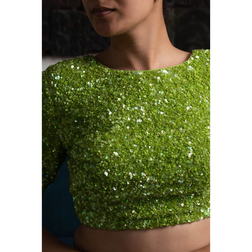 PRIYANKA RAAJIV Hiras Green Silk Crepe and Sequined Blouse