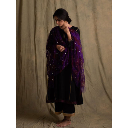 PRIYANKA RAAJIV Aanya Black Linen Flowy Kurta with Palazzo (Set of 3)