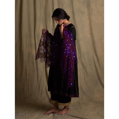 PRIYANKA RAAJIV Aanya Black Linen Flowy Kurta with Palazzo (Set of 3)