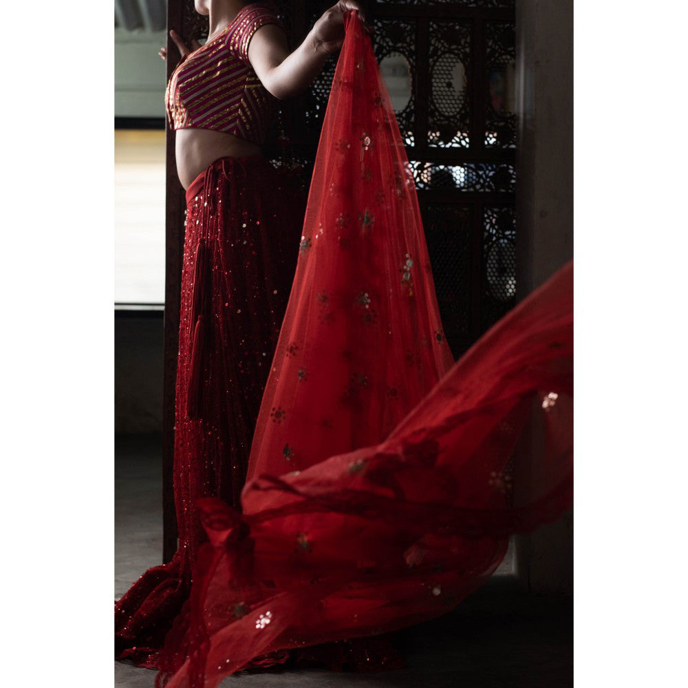 PRIYANKA RAAJIV Aheli Sequin Hand Embroidered Lehenga (Set of 3)