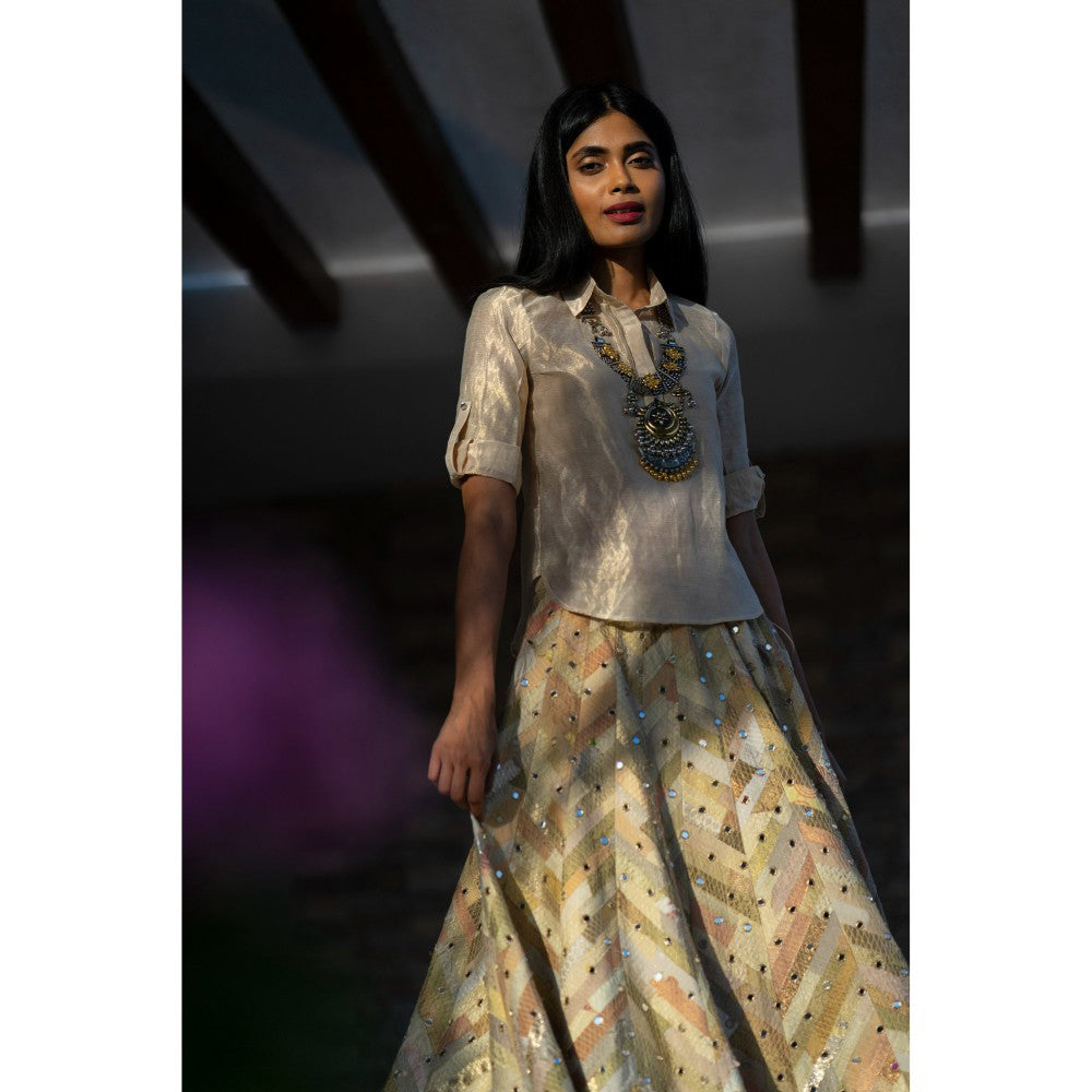 PRIYANKA RAAJIV Nazakat Ecru and Beige Lehenga and Chanderi Kurti (Set of 2)