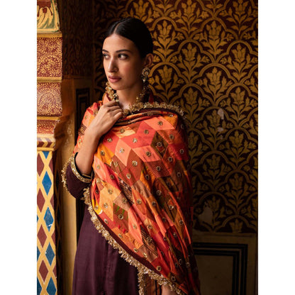 PRIYANKA RAAJIV Kanti Orange Patchwork Dupatta
