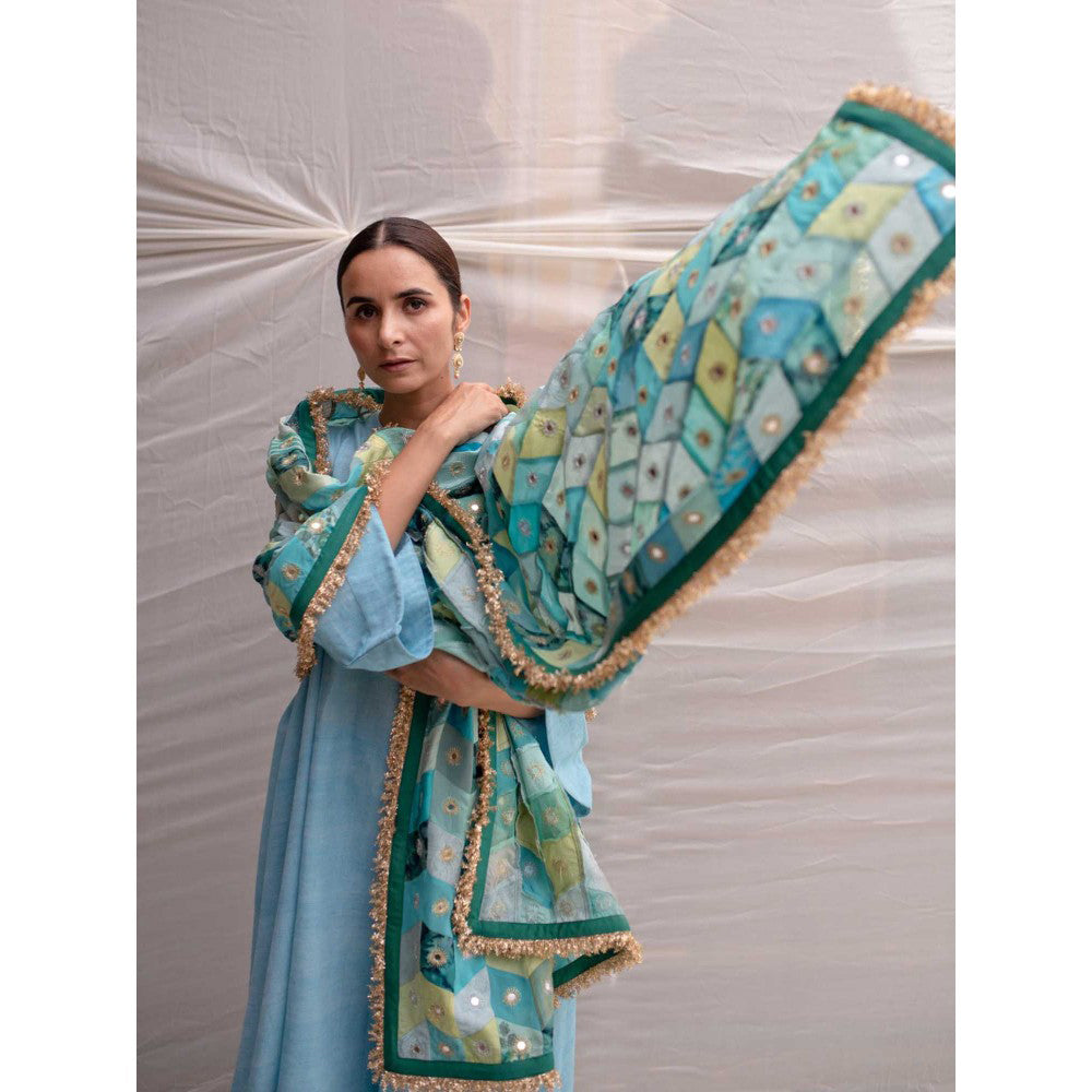 PRIYANKA RAAJIV Leelawati Teal Patchwork Dupatta