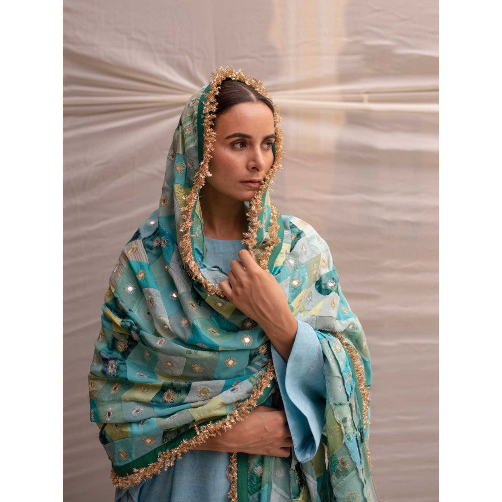PRIYANKA RAAJIV Leelawati Teal Patchwork Dupatta