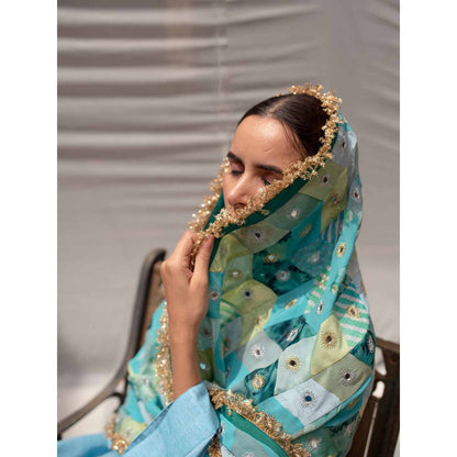 PRIYANKA RAAJIV Leelawati Teal Patchwork Dupatta