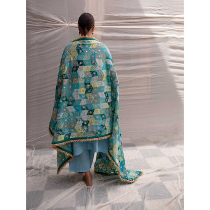 PRIYANKA RAAJIV Leelawati Teal Patchwork Dupatta