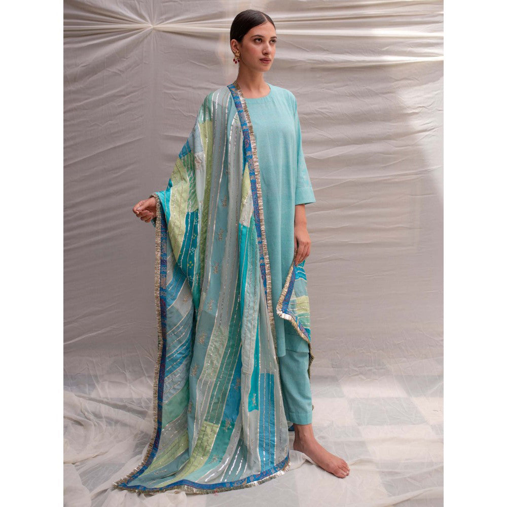 PRIYANKA RAAJIV Maheshwari Teal Patchwork Dupatta