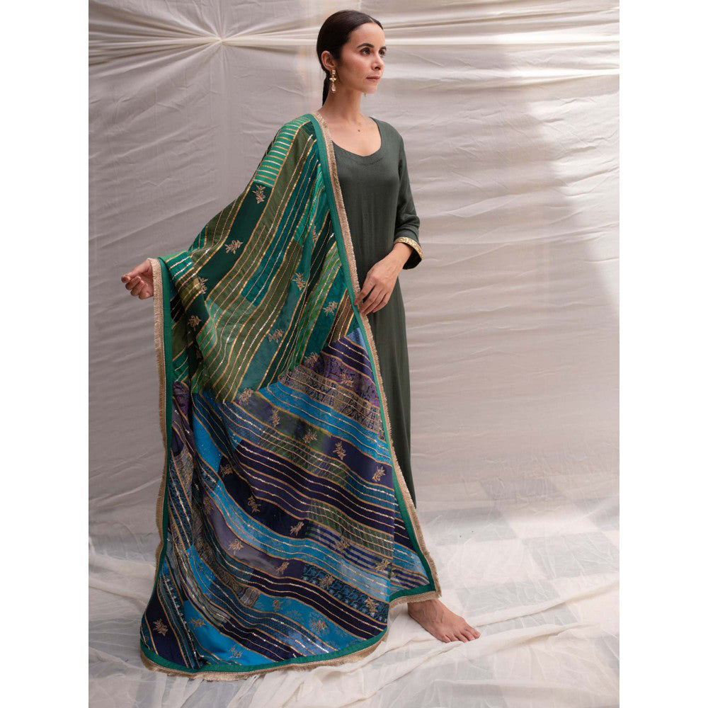 PRIYANKA RAAJIV Meenakshi Green and Blue Patchwork Dupatta