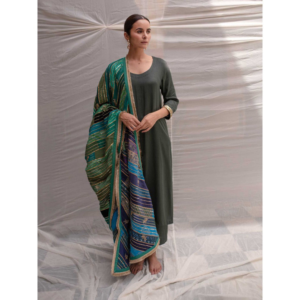 PRIYANKA RAAJIV Meenakshi Green and Blue Patchwork Dupatta