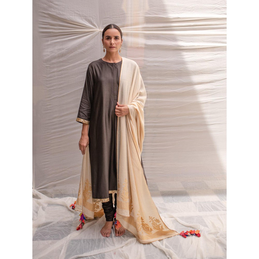 PRIYANKA RAAJIV Ganga Ivory Moonga Silk Brocade Dupatta