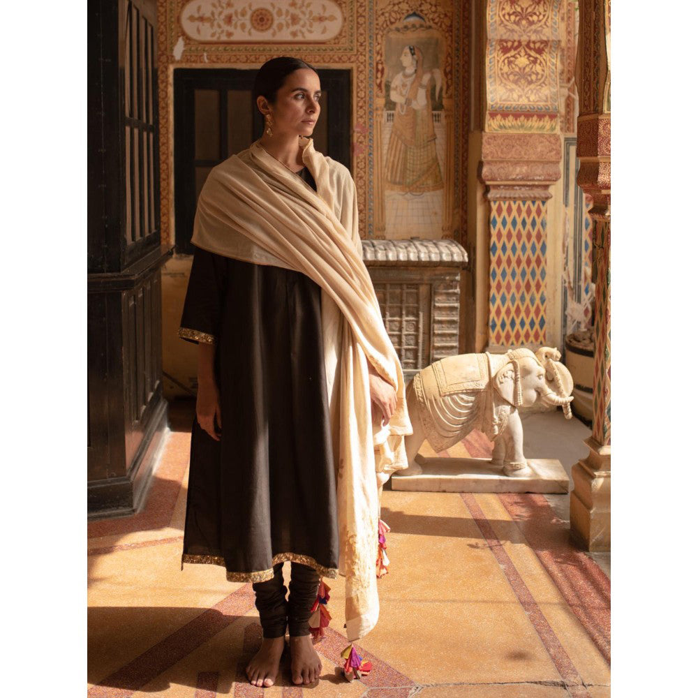 PRIYANKA RAAJIV Ganga Ivory Moonga Silk Brocade Dupatta