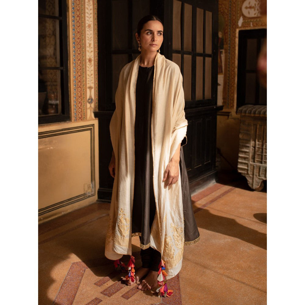 PRIYANKA RAAJIV Ganga Ivory Moonga Silk Brocade Dupatta