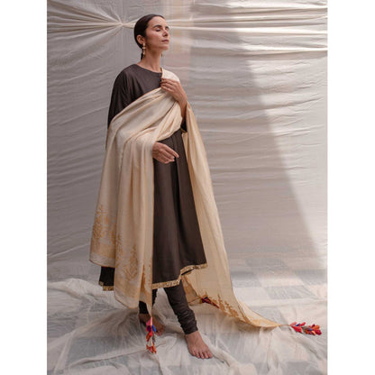 PRIYANKA RAAJIV Ganga Ivory Moonga Silk Brocade Dupatta