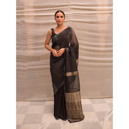 PRIYANKA RAAJIV Dharmini Black Patchwork Saree with Unstitched Blouse