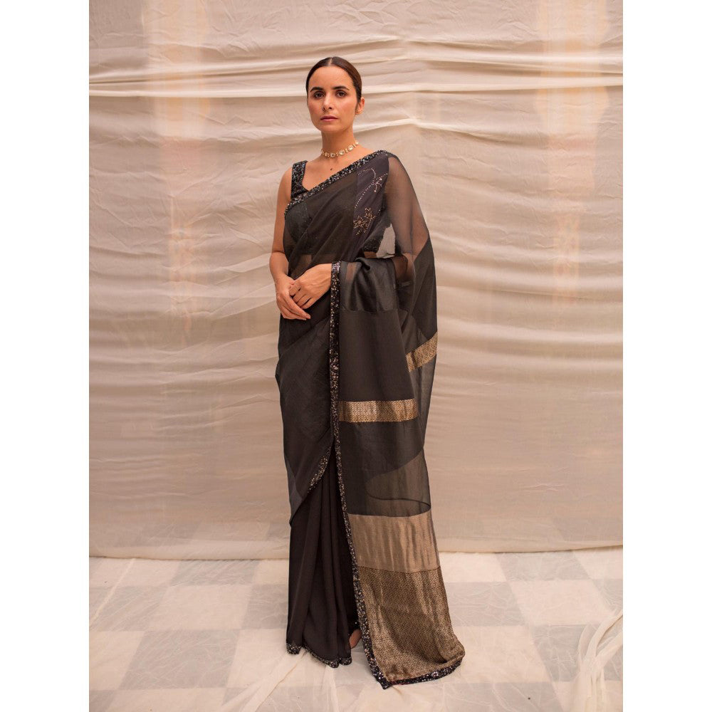 PRIYANKA RAAJIV Dharmini Black Patchwork Saree with Unstitched Blouse