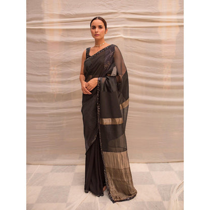 PRIYANKA RAAJIV Dharmini Black Patchwork Saree with Unstitched Blouse