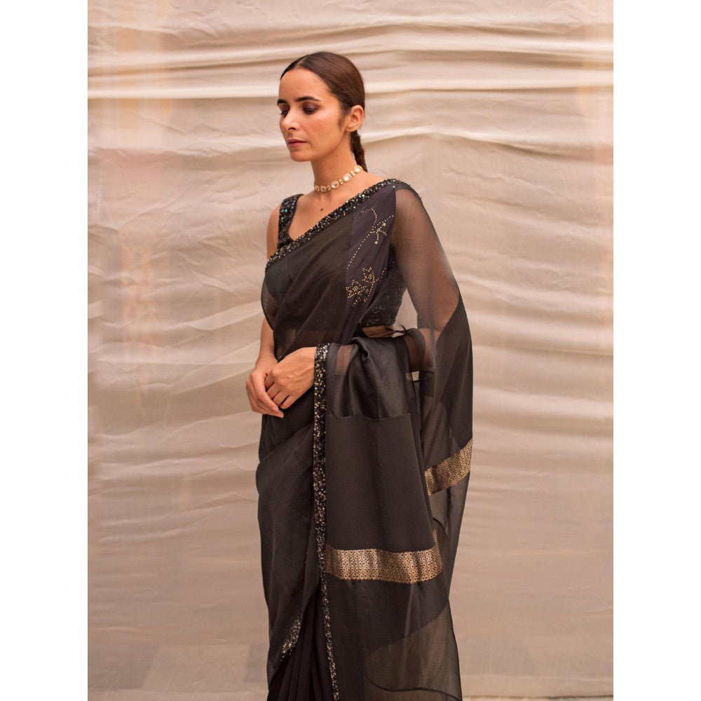 PRIYANKA RAAJIV Dharmini Black Patchwork Saree with Unstitched Blouse